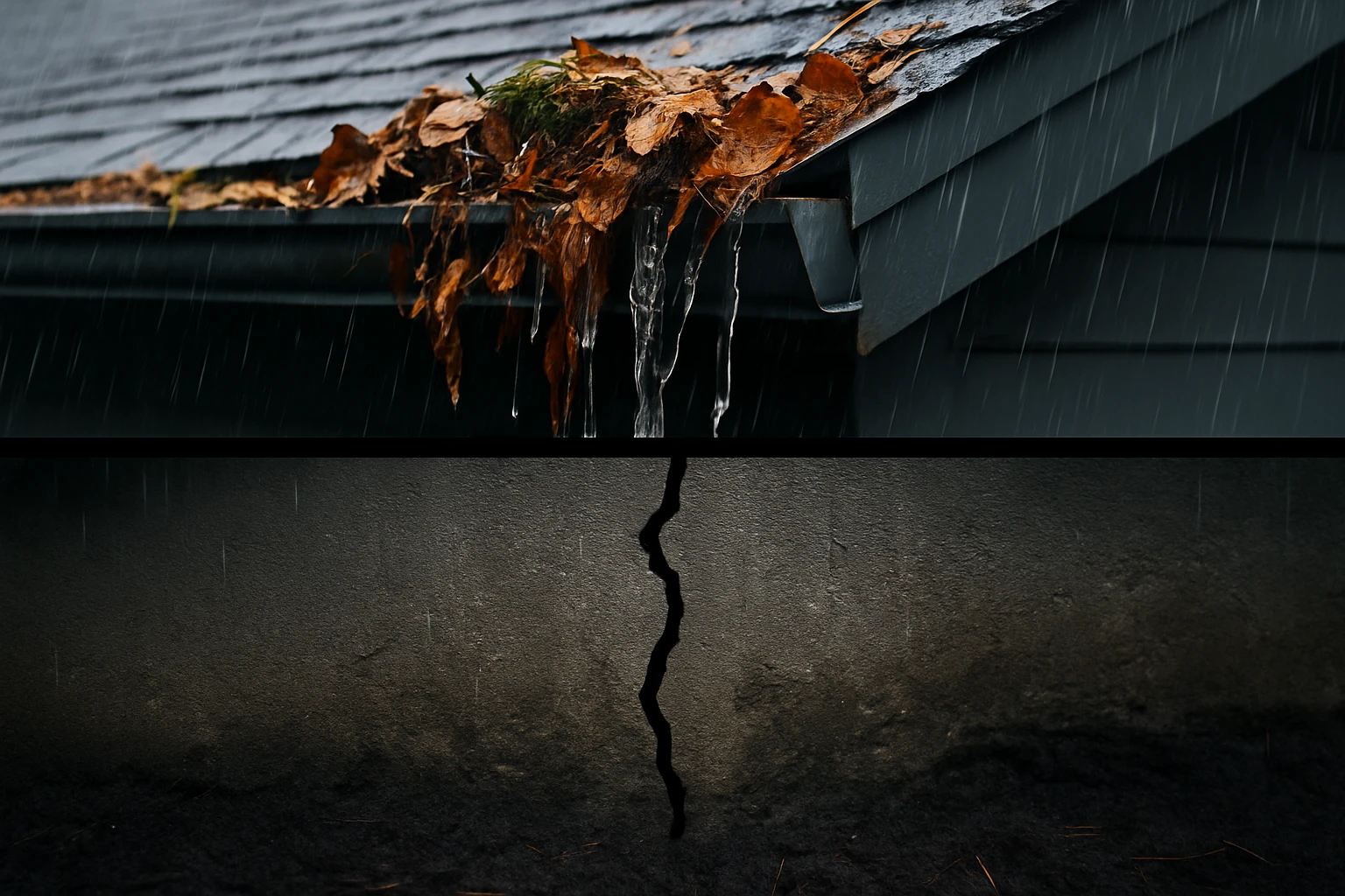 Close-up of a clogged gutter overflowing with water, leading to a visible crack in the home's foundation.