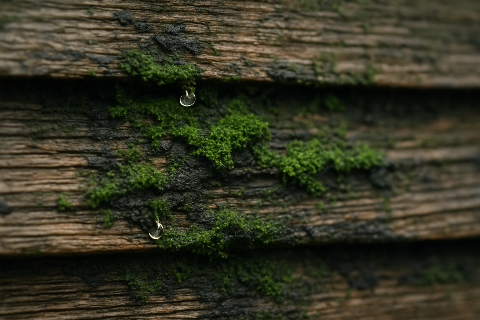 Close-up of green algae and moss growth on wood siding.