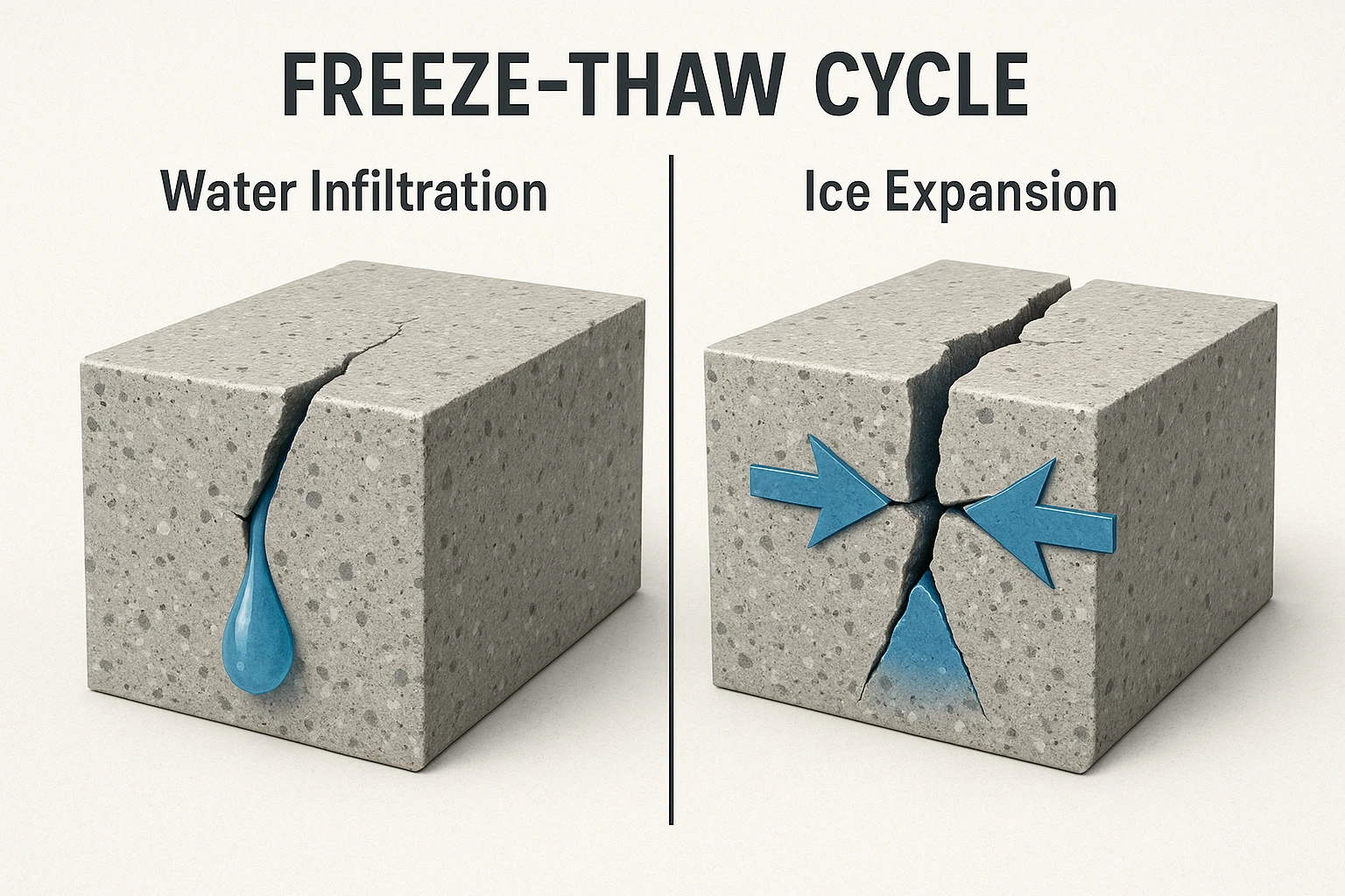 Concrete surface damage from freeze-thaw cycles.
