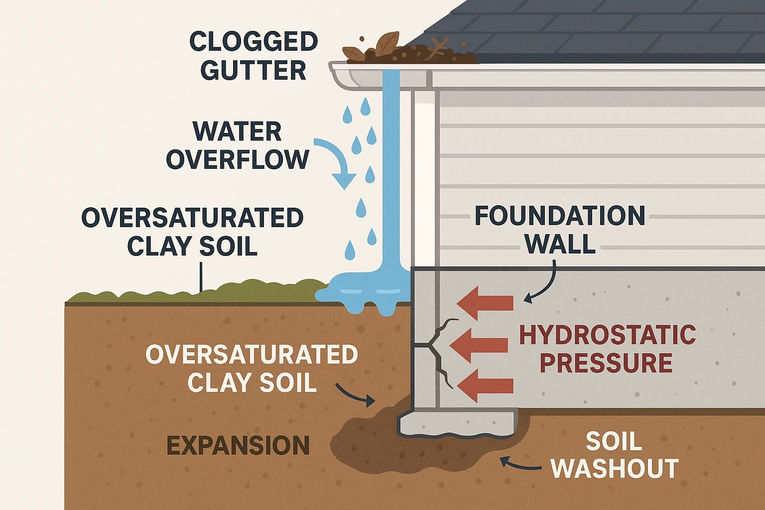 Diagram illustrating how clogged gutters cause water to overflow, saturate soil, and apply hydrostatic pressure that cracks the foundation.