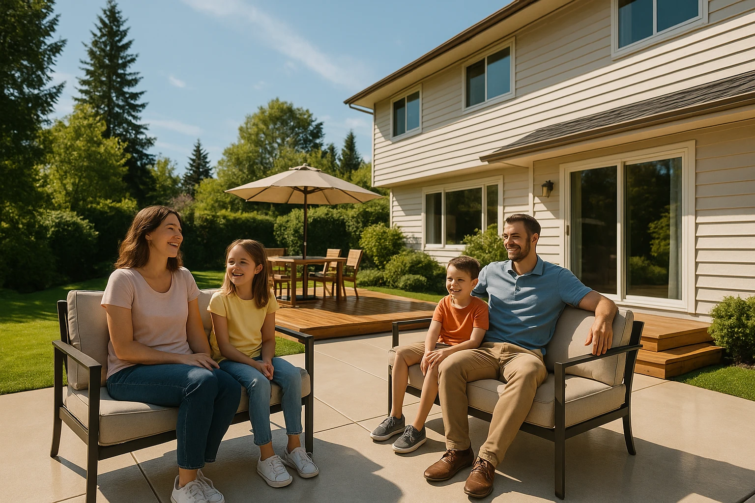 Family enjoying their clean, allergen-free backyard patio in Vancouver after pressure washing.