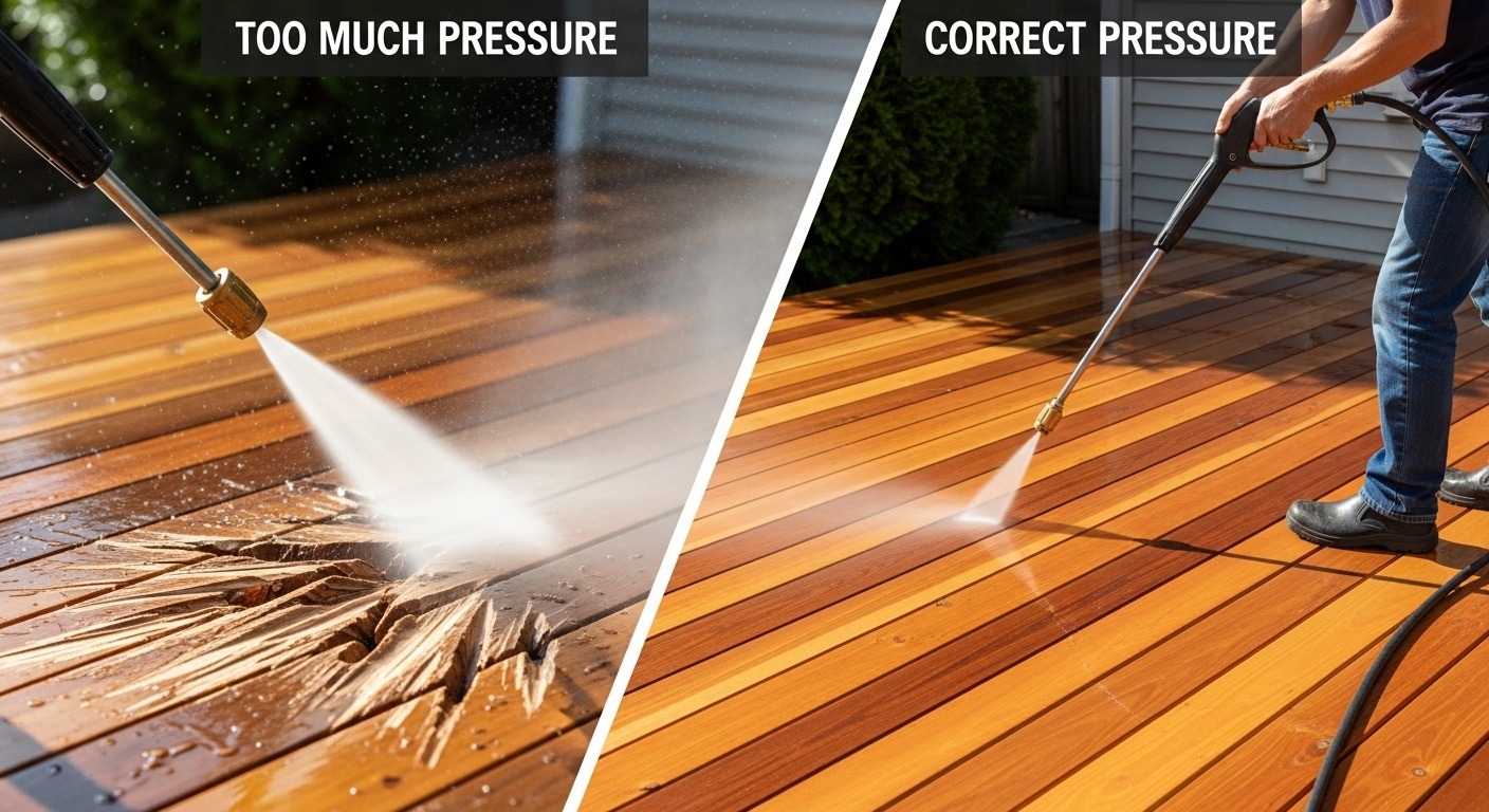 Comparison of wood damaged by high PSI and wood cleaned with correct pressure washing