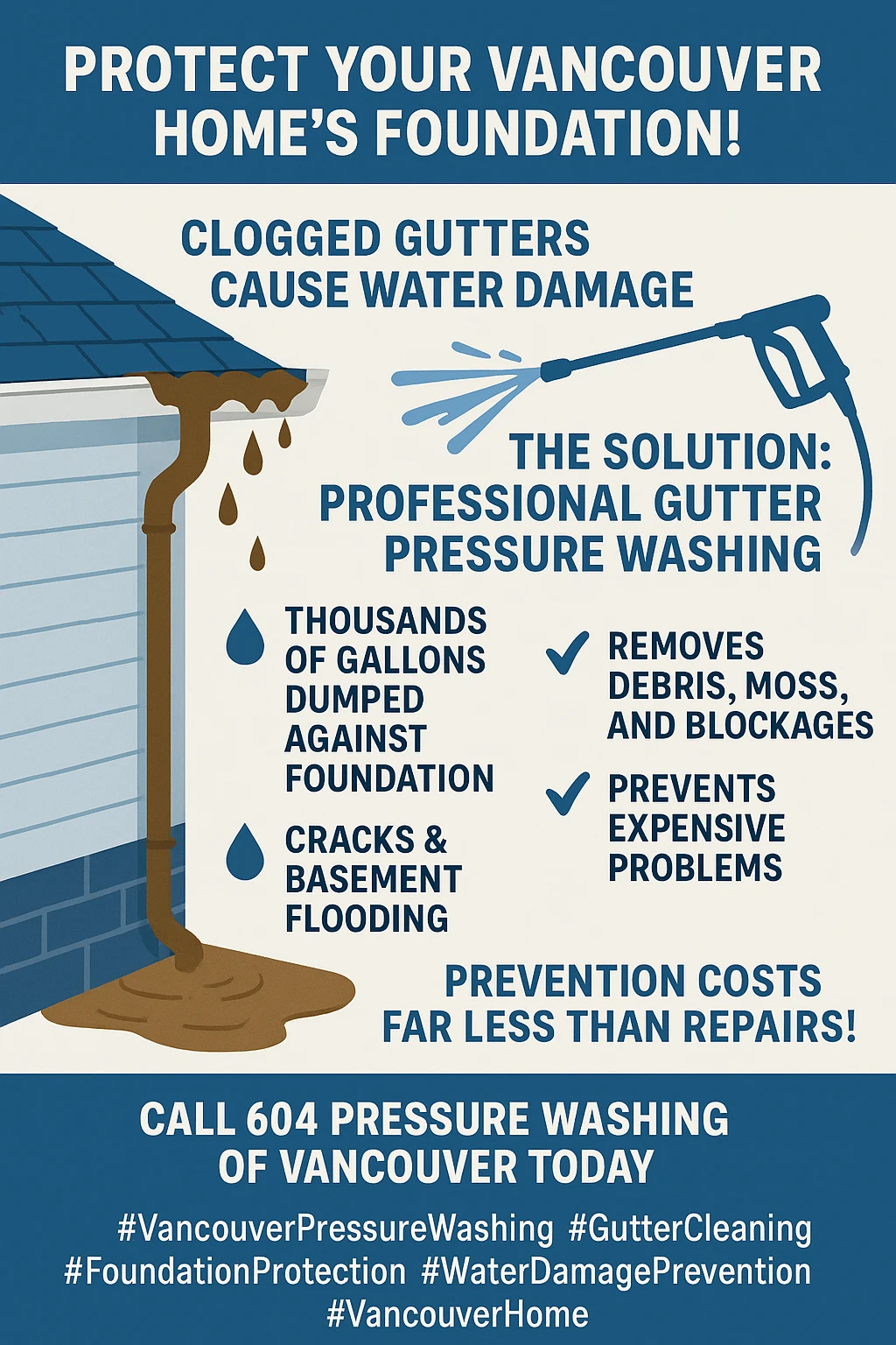 Infographic summarizing the key takeaways of how gutter cleaning in Vancouver prevents costly foundation damage.