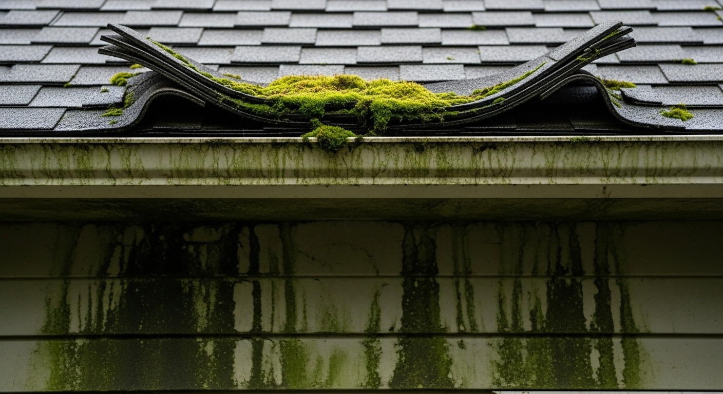 Moss and mildew damage on a Vancouver roof before cleaning