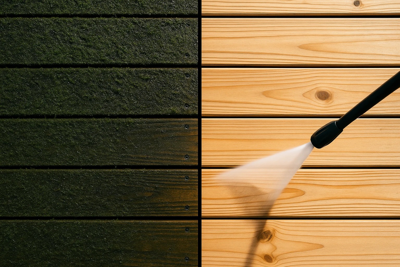 Split screen image showing a dirty deck with allergens and a pressure washer cleaning it.