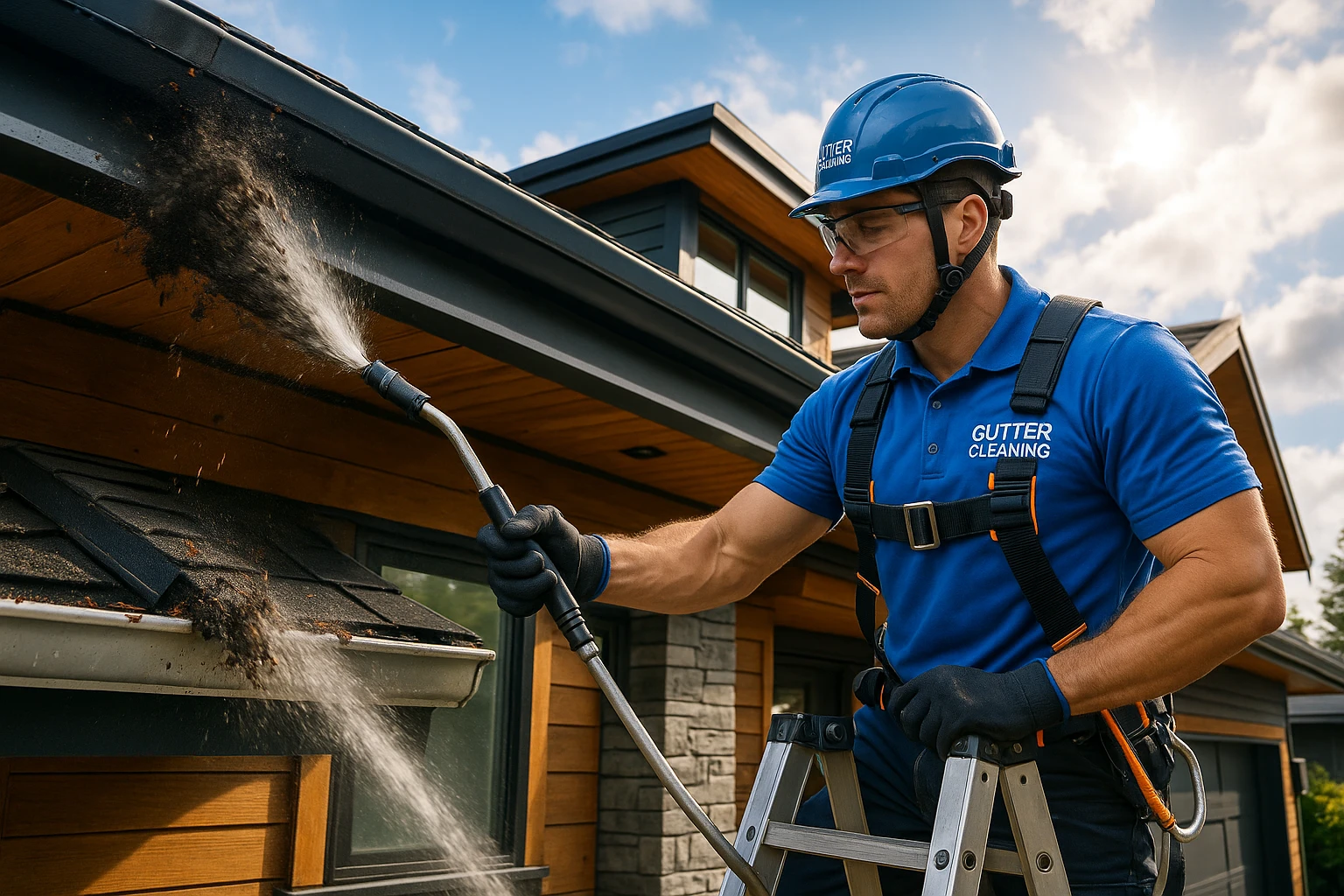 A professional performing pressure washing service on the gutters of a Vancouver home.