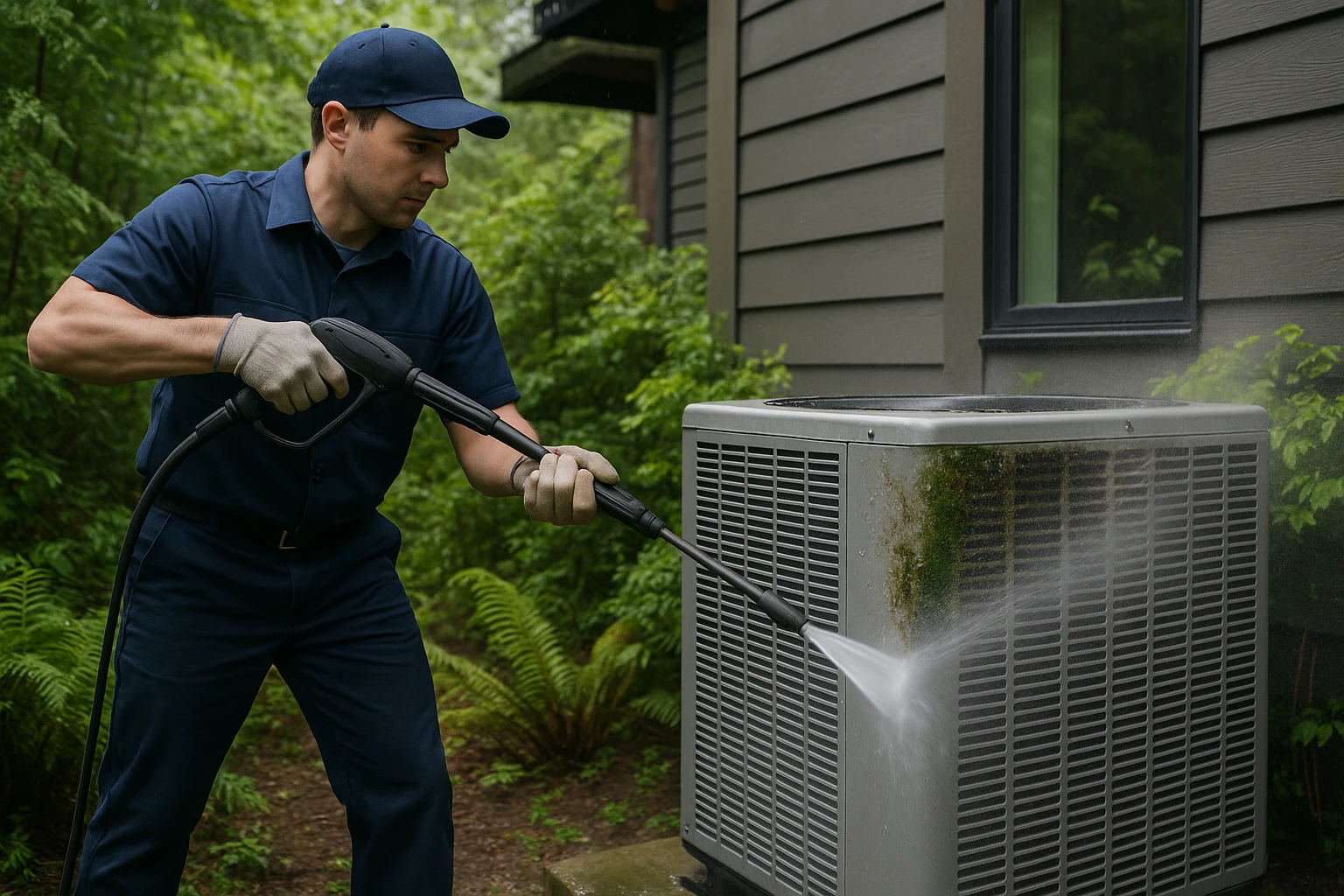 A technician professionally pressure washing an outdoor heat pump unit to improve efficiency.