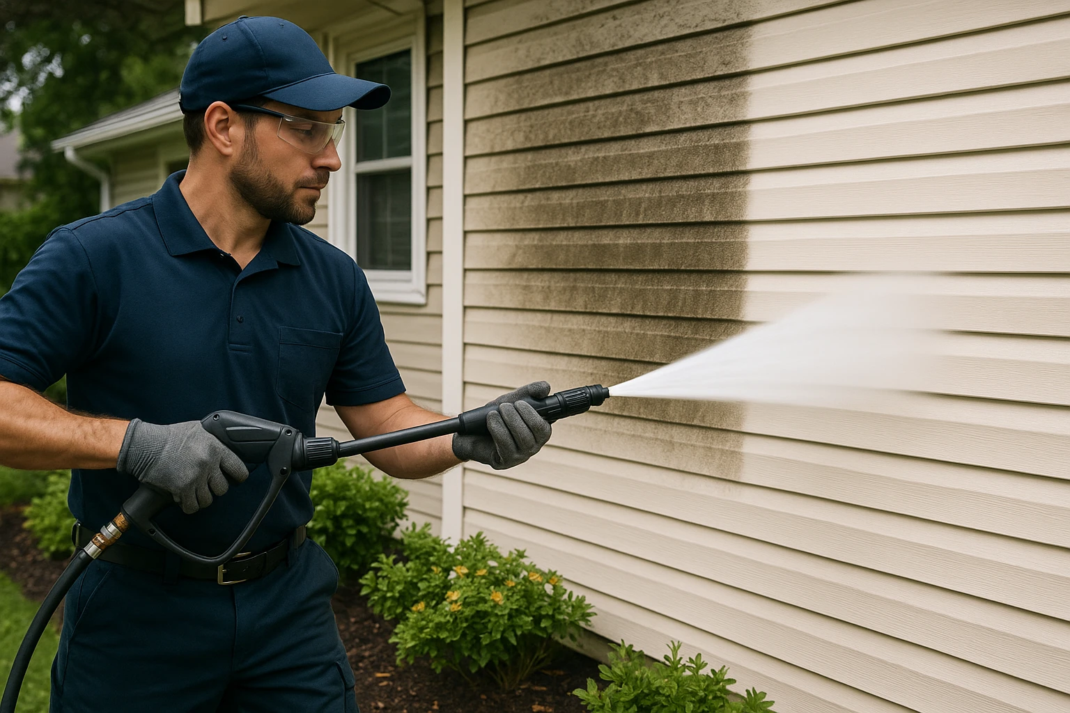 Professional technician pressure washing siding on a Vancouver home.