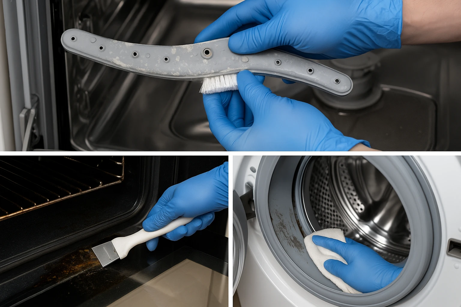 A collage demonstrating specialized cleaning for a dishwasher interior, washing machine seal, and refrigerator coils.