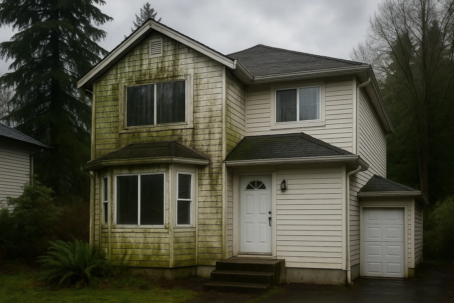 Vancouver home siding showing weather damage and streaks before pressure washing.