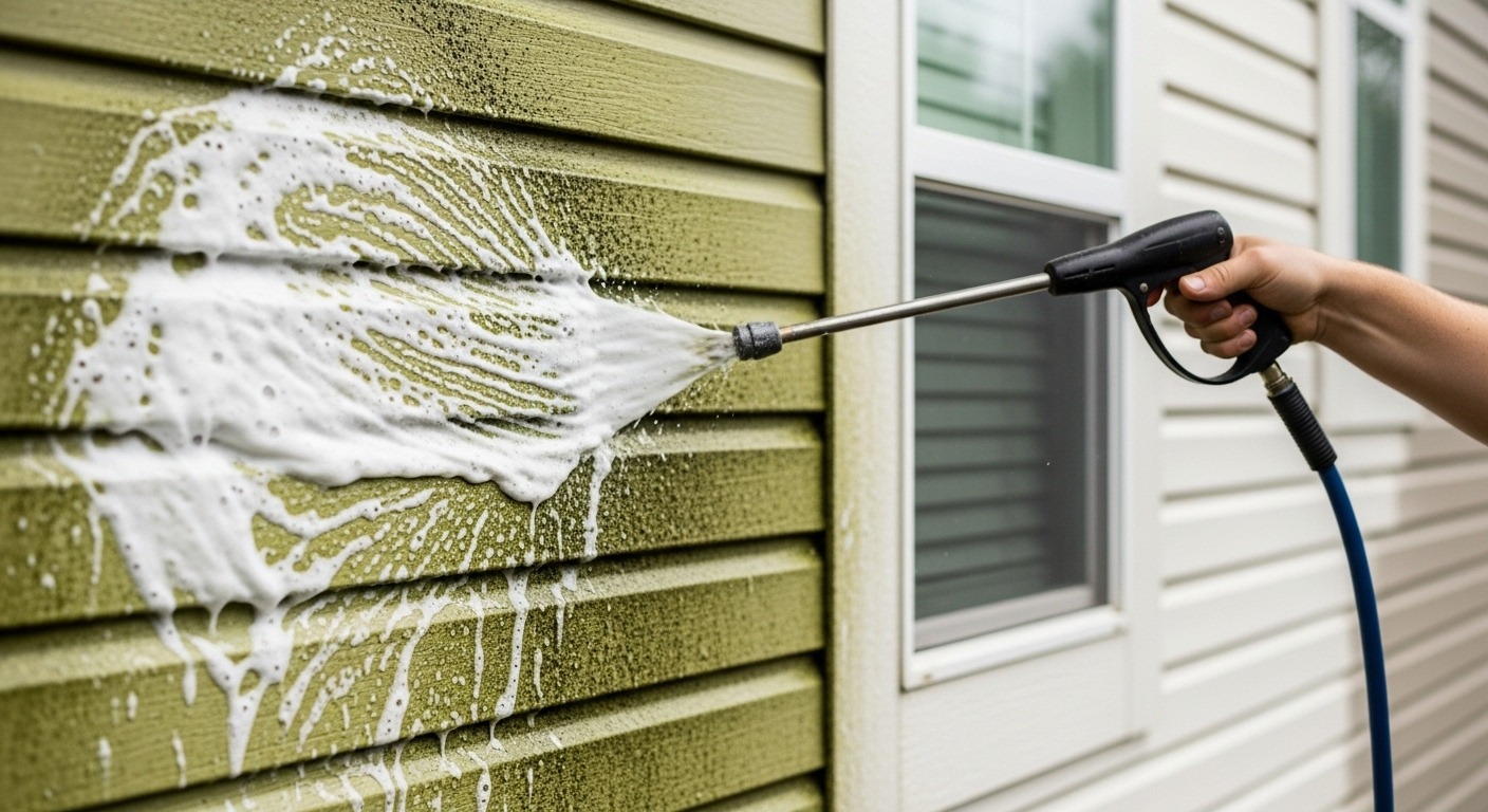 Technician soft washing a Vancouver home to remove mold and algae