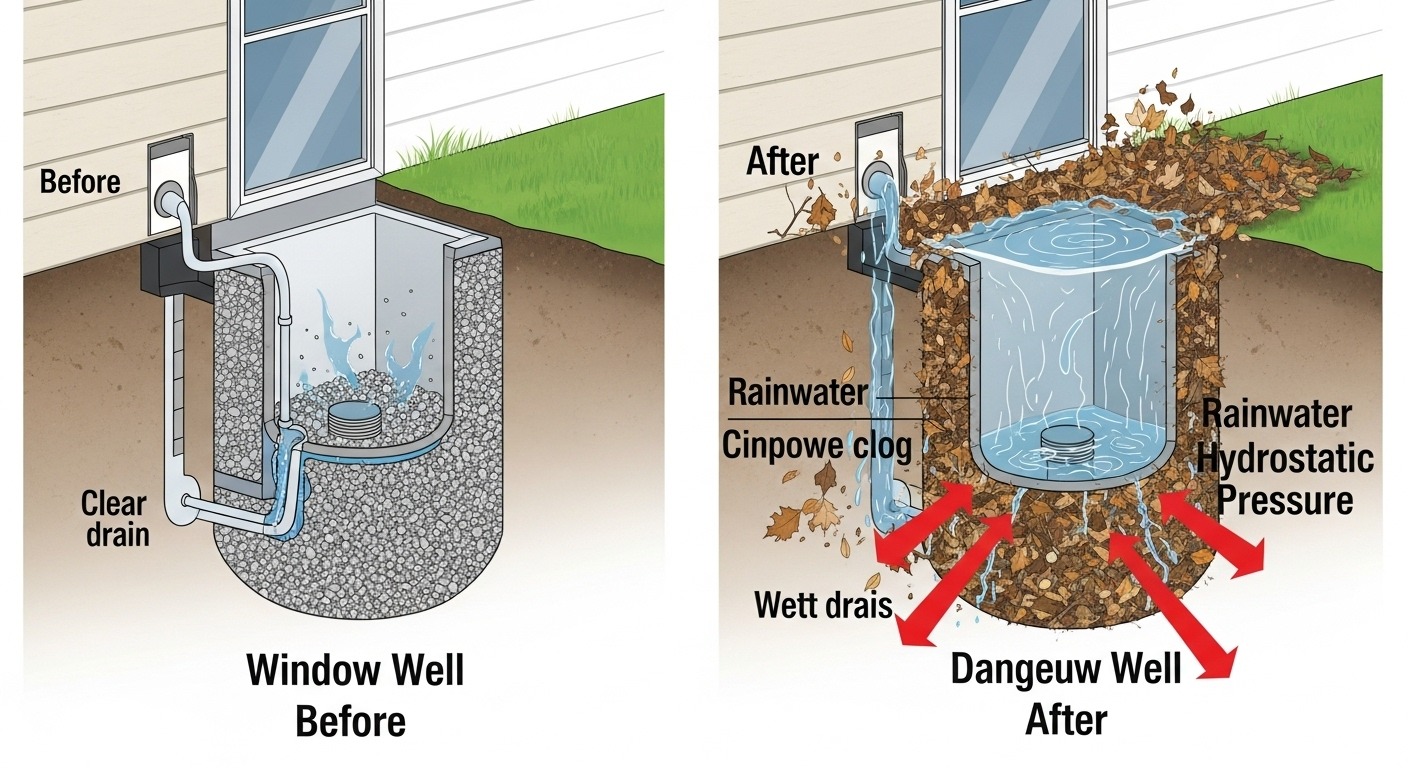 A window well clogged with leaves and debris causing drainage failure