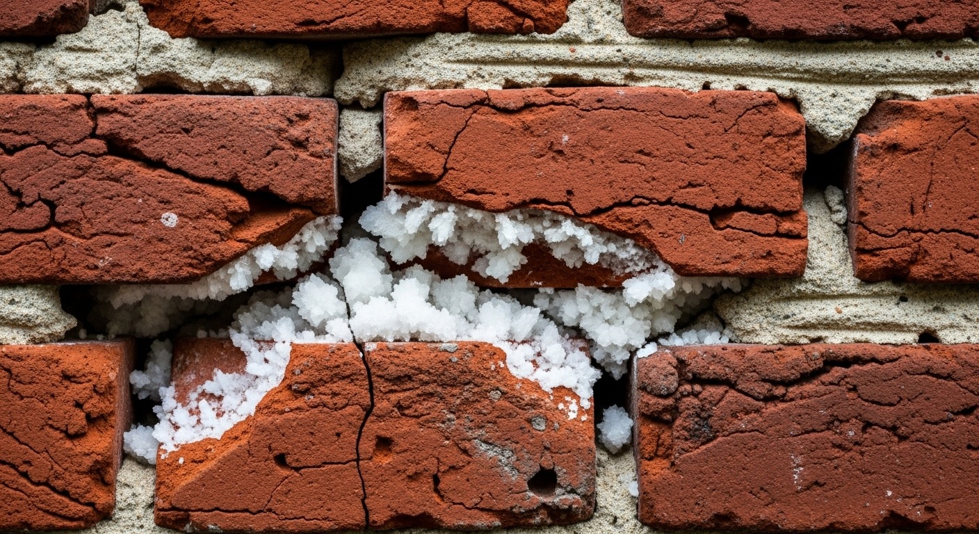 A close-up image showing damage and spalling on a brick surface caused by efflorescence crystals.
