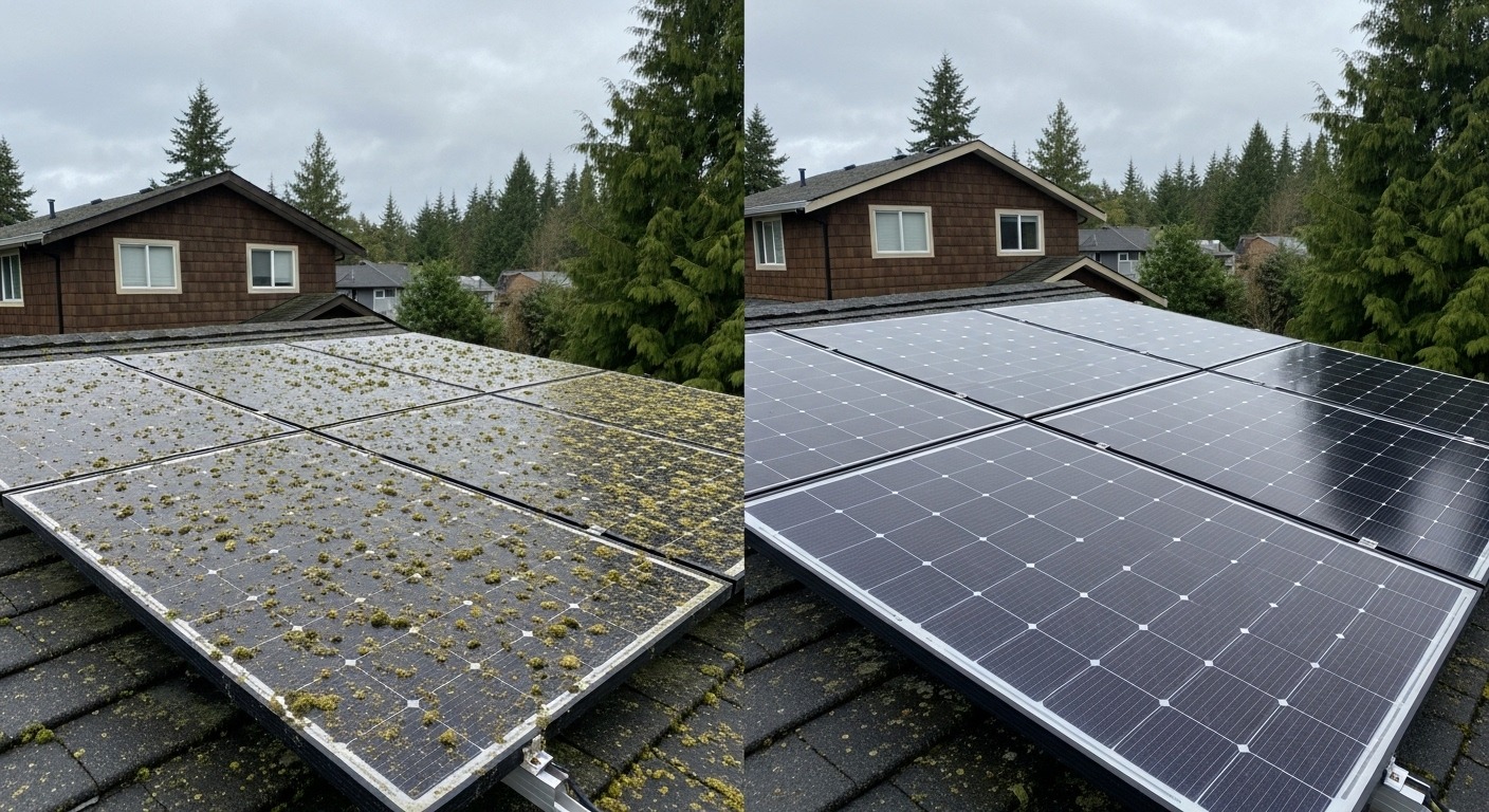 A side-by-side comparison showing a dirty solar panel covered in grime next to a sparkling clean solar panel, highlighting the difference in appearance and efficiency.