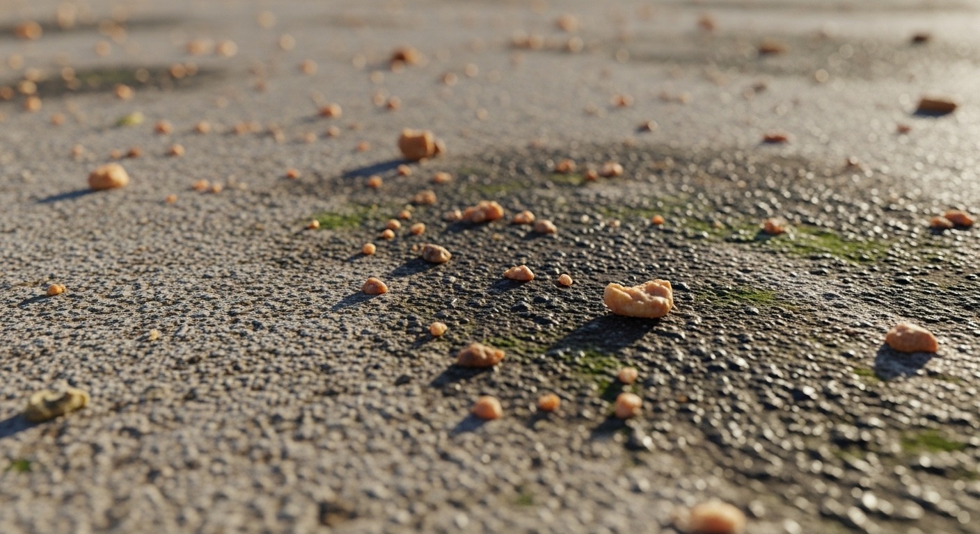 Close-up of grease and grime buildup on patio concrete