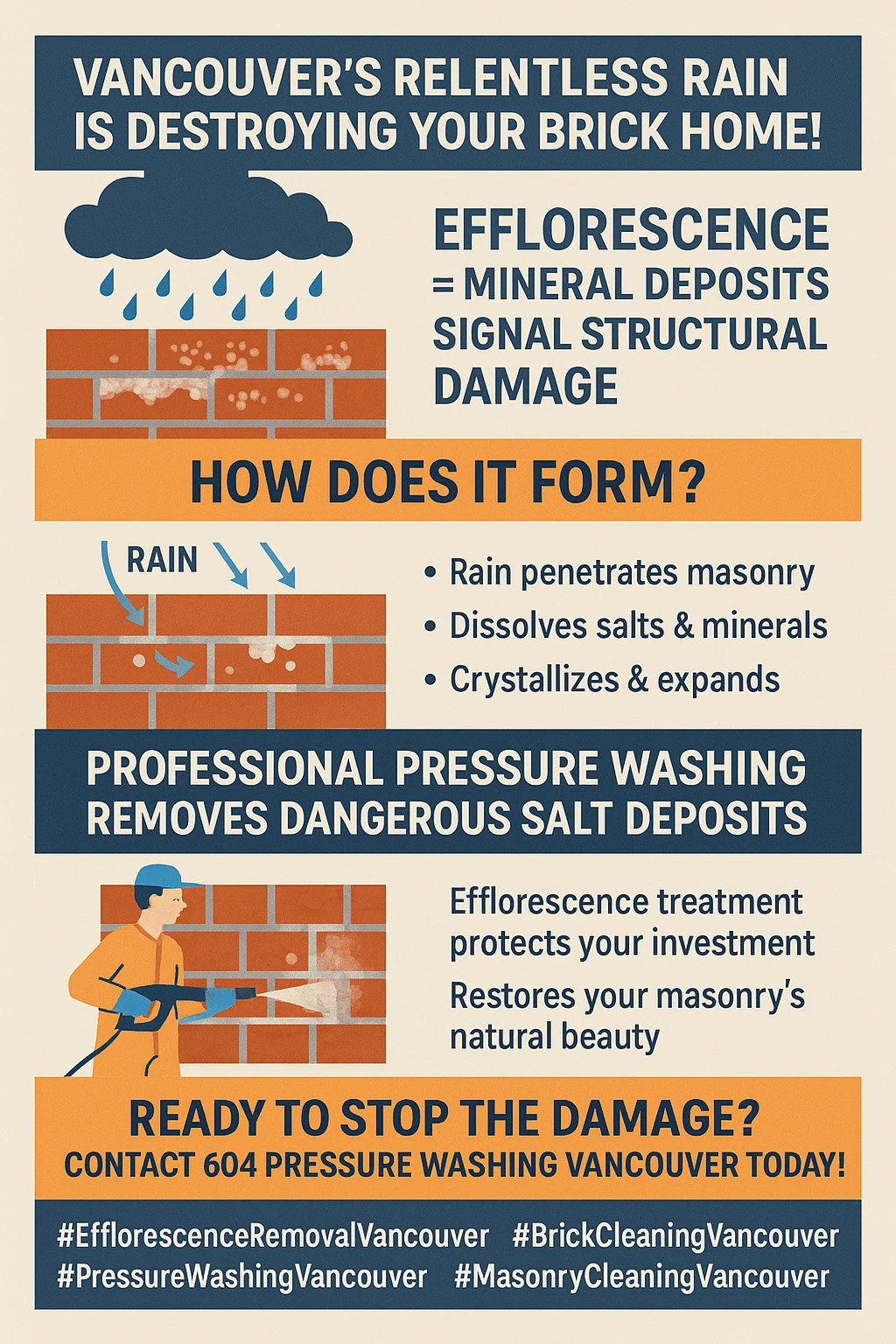 Infographic summarizing the key takeaways for efflorescence removal in Vancouver.