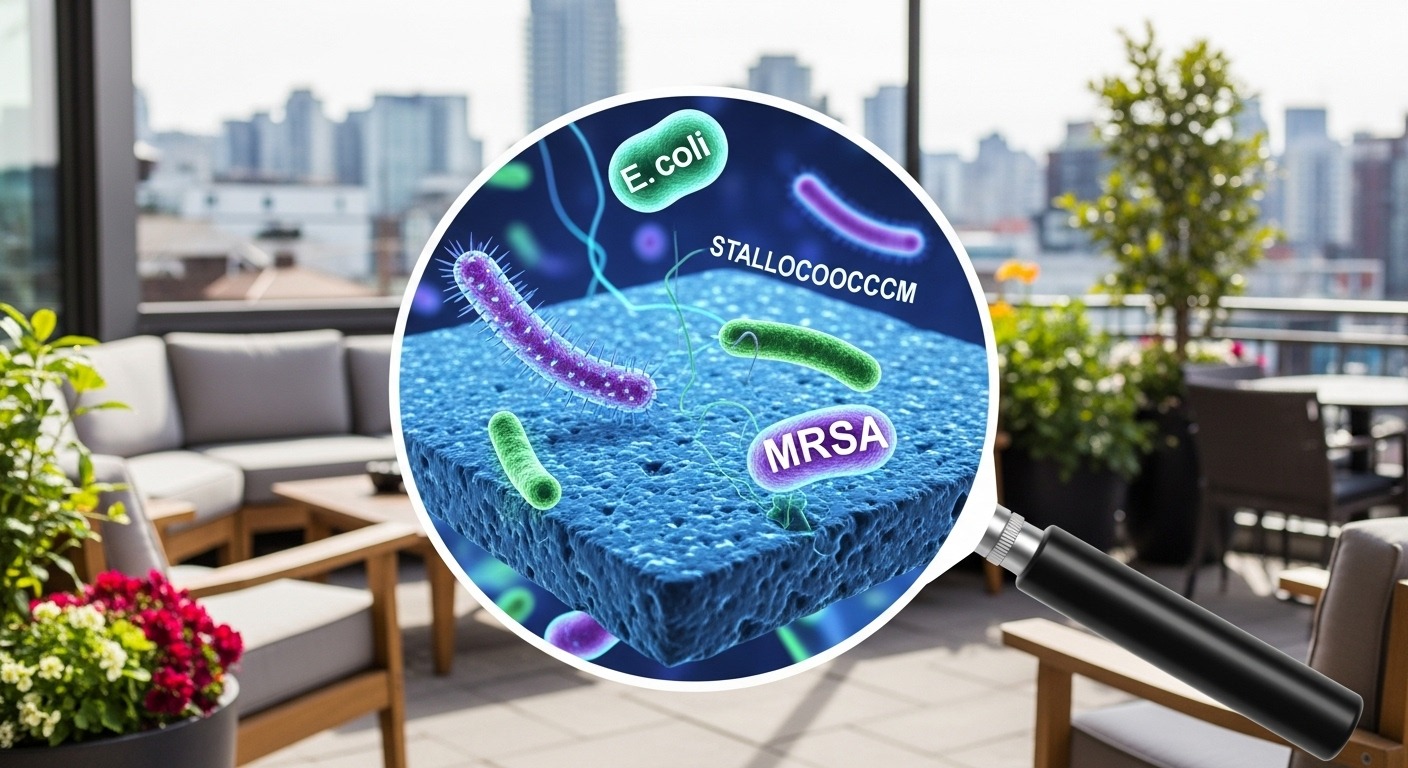 A microscopic view of bacteria thriving on a patio surface.