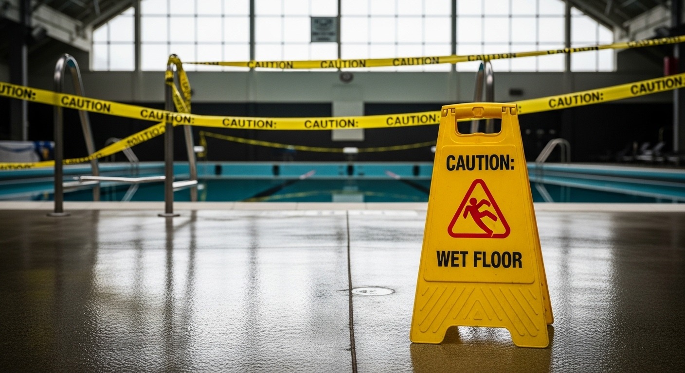 A sign indicating a pool is closed due to a slip hazard on the deck.