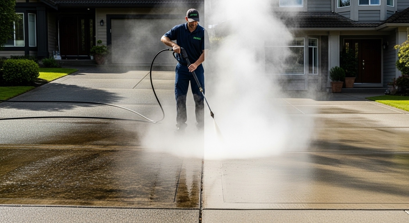 Professional using a hot water pressure washer to sanitize a residential driveway.