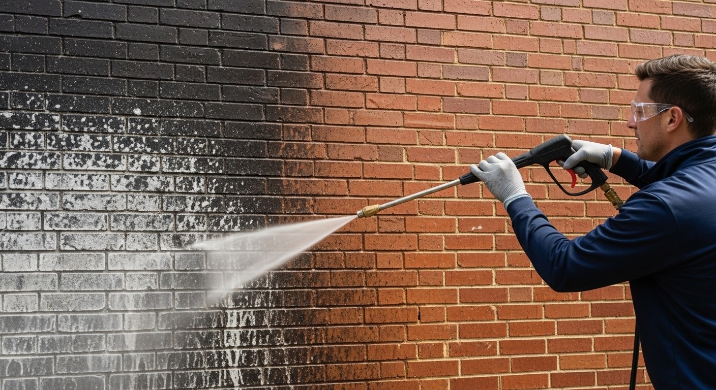 A professional technician using a pressure washer to remove efflorescence from a brick wall.