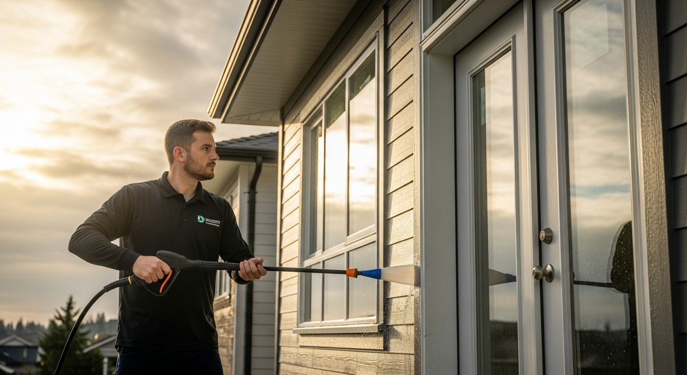 A professional performing pressure washing on a new Vancouver home to protect its warranty.