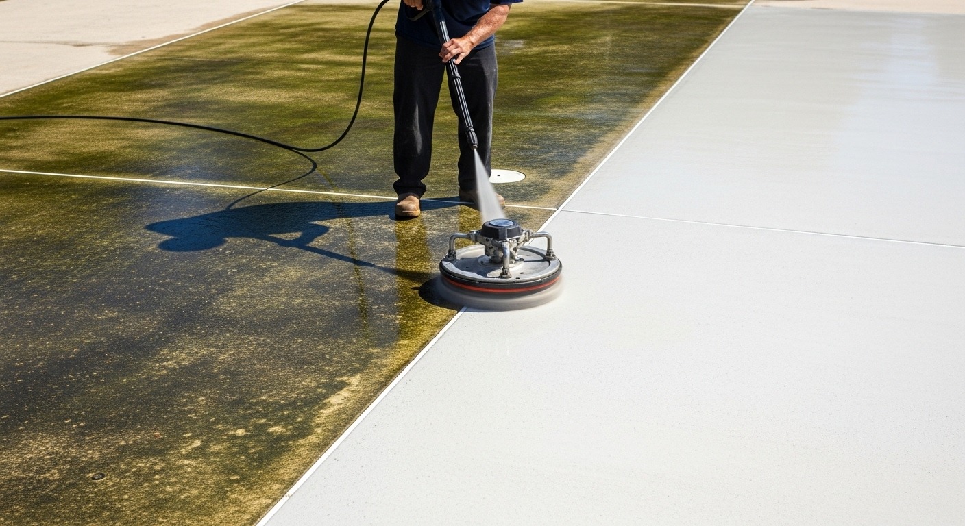 A professional using a pressure washer to clean a pool deck.