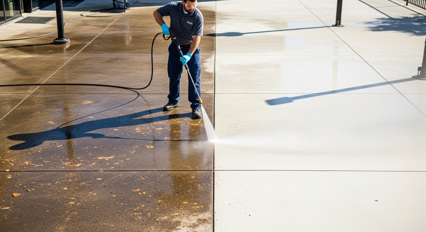 Professional pressure washing restoring a dirty patio to clean