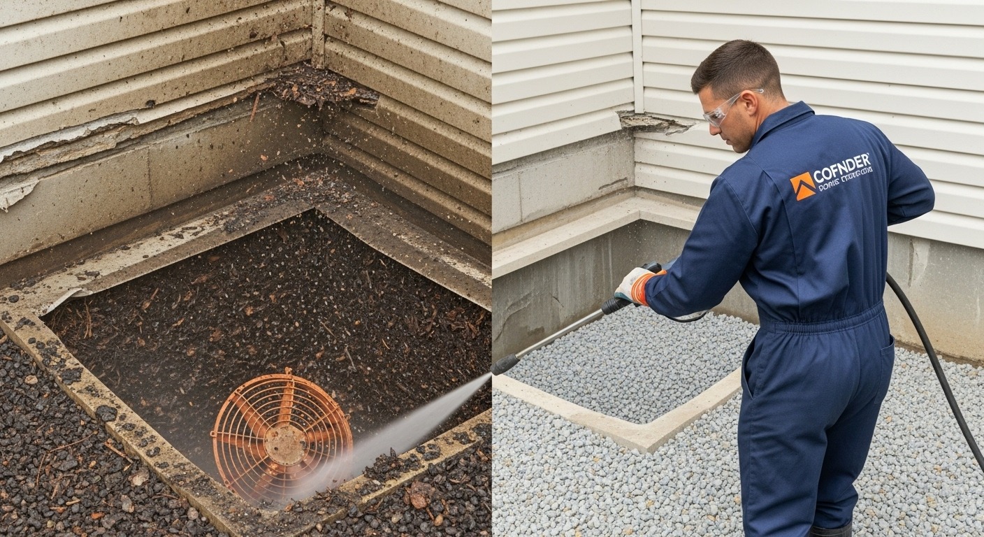 Professional pressure washing service cleaning a window well