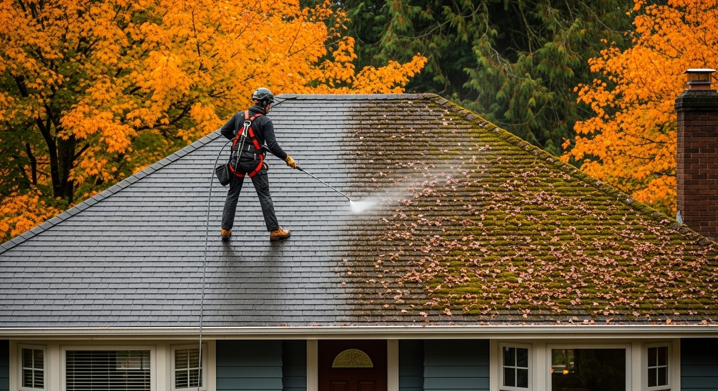 A professional roof cleaner pressure washing a roof in Vancouver during the fall to prevent ice dams.