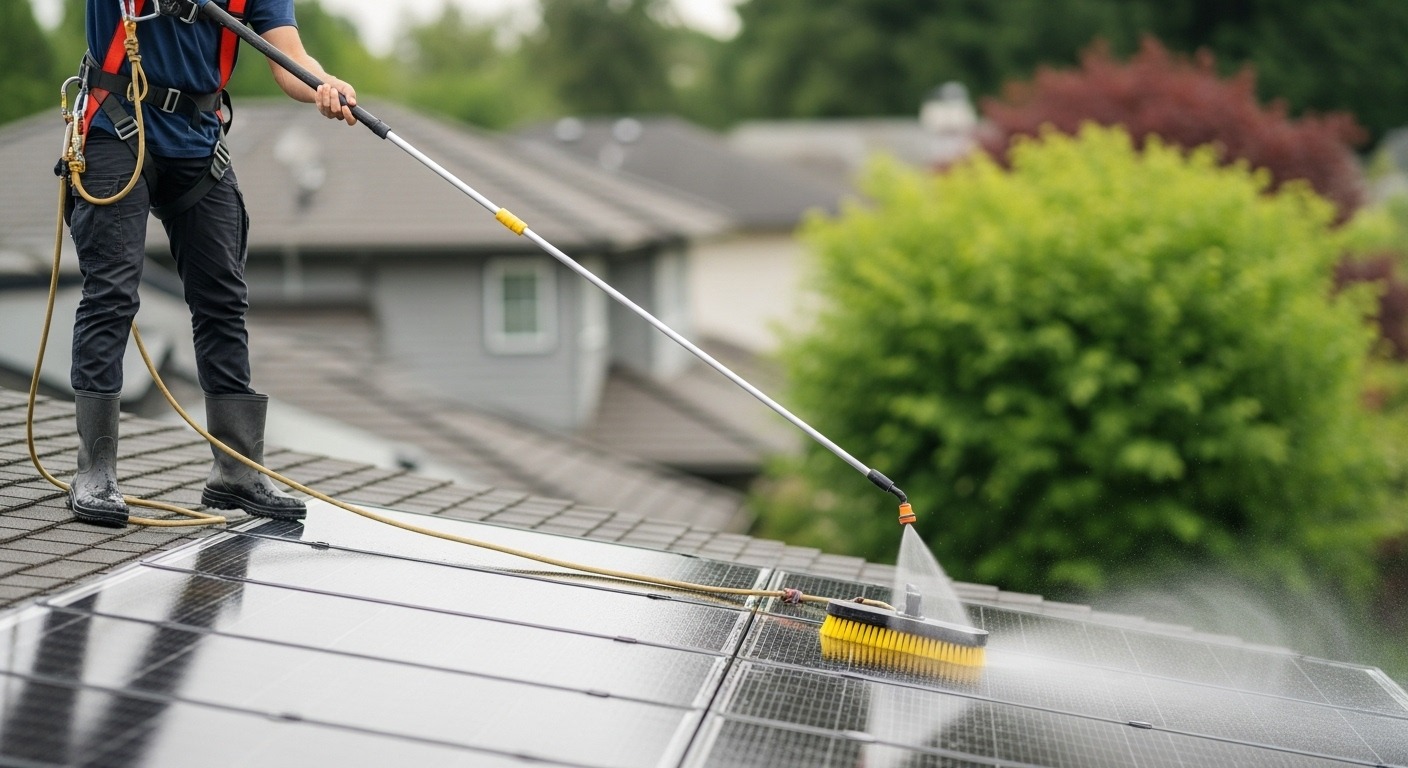 A professional cleaner using a specialized long-reach brush and low-pressure water to safely clean solar panels on a residential roof.