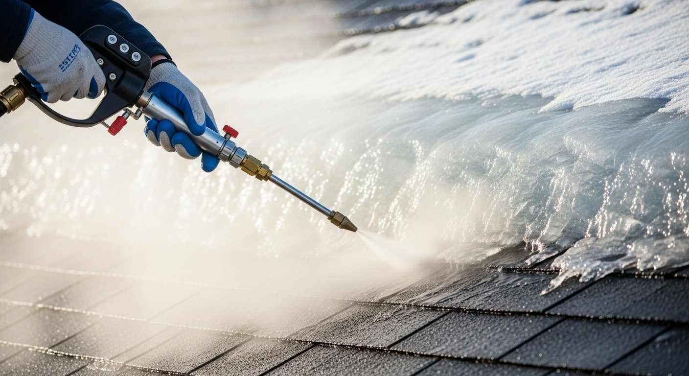 A professional technician using a specialized steam machine to safely remove an ice dam from a roof.
