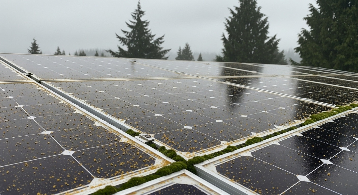 Solar panels on a roof in Vancouver with overcast skies and wet conditions, illustrating the climate challenges like rain and moss growth.