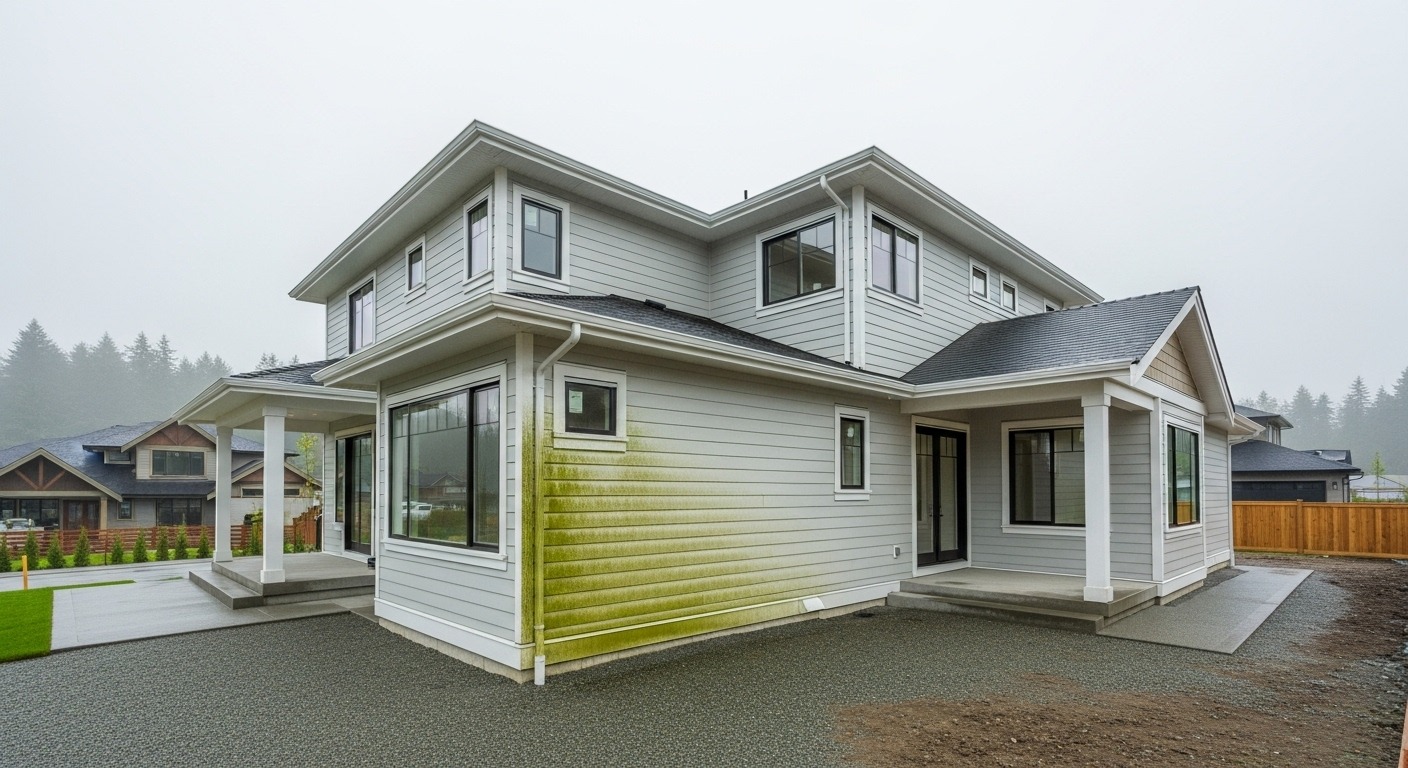 Algae and mold growing on the siding of a new Vancouver home due to frequent rain.