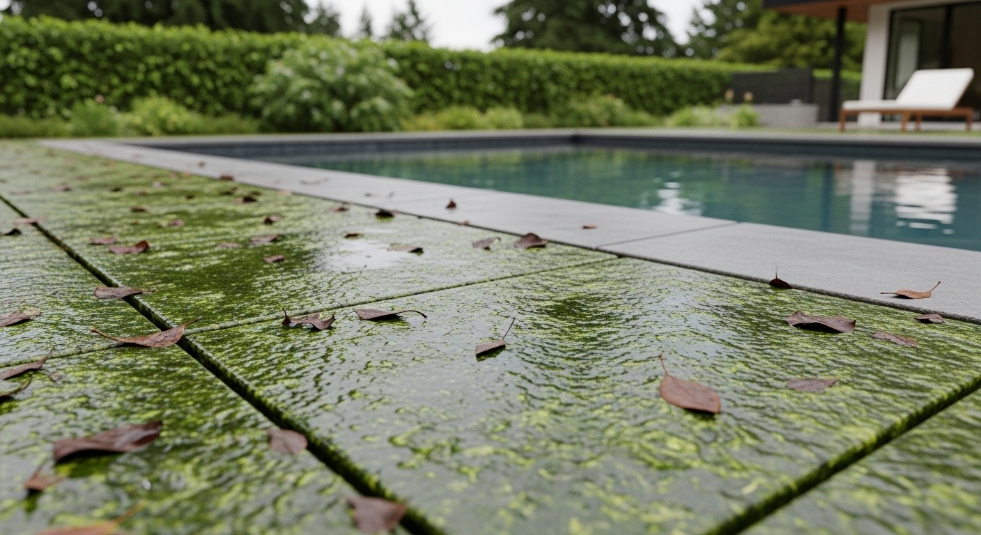A slippery Vancouver pool deck with algae growth, posing a slip hazard.