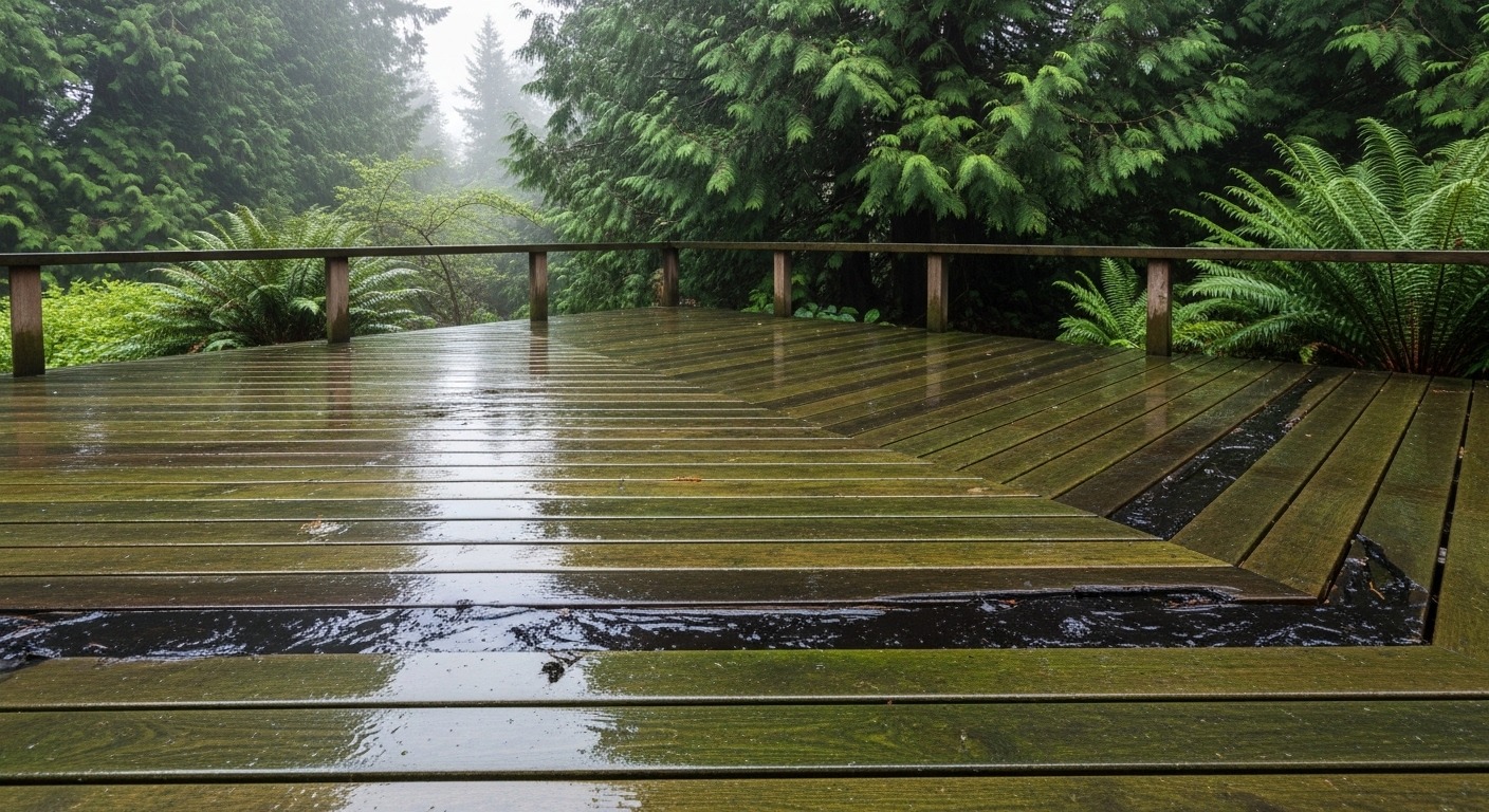 A wet wooden deck in Vancouver showing the ideal rainy climate for bacterial growth.