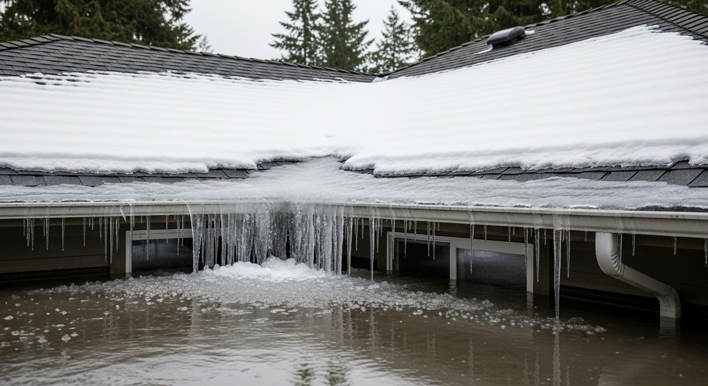 A large ice dam forming on the edge of a residential roof in Vancouver during winter.