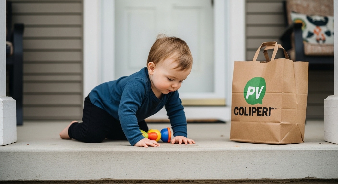 Child playing near a porch where food deliveries are left, highlighting health risks.