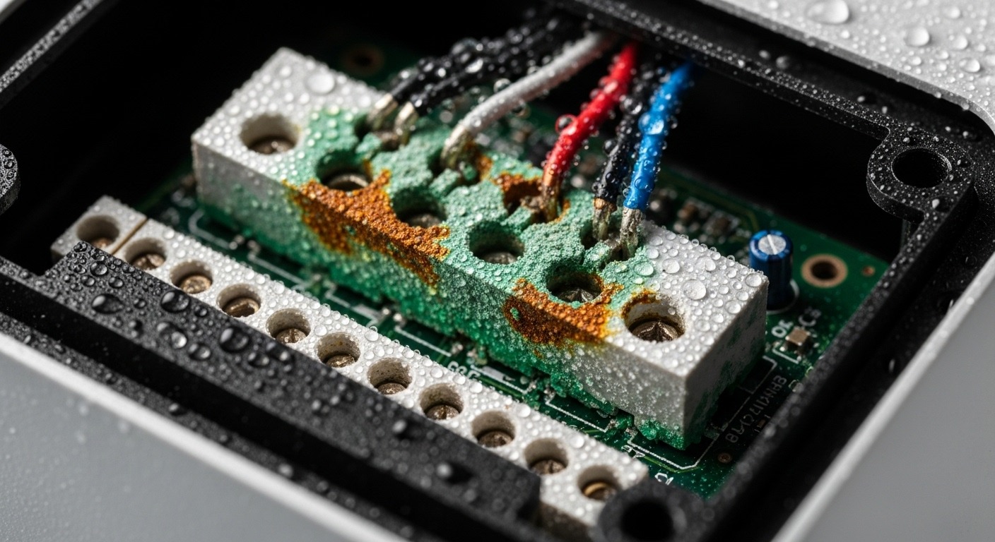 Close-up of a corroded internal component from an EV charger.