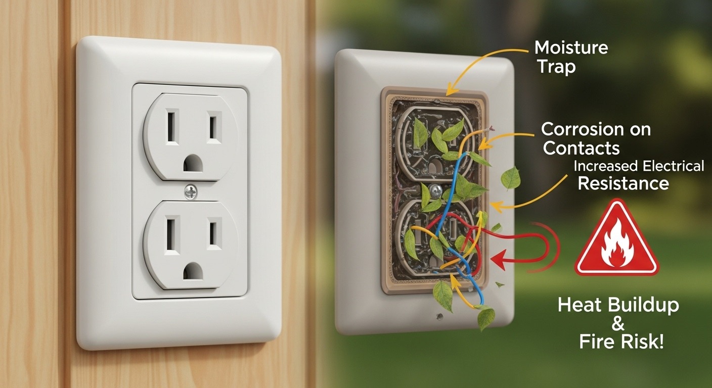 Diagram showing how moisture damages an outdoor electrical outlet.