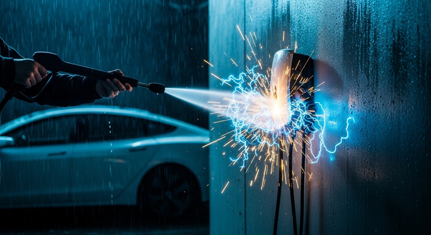 Pressure washer spraying dangerously close to an EV charger, highlighting electrocution risk.
