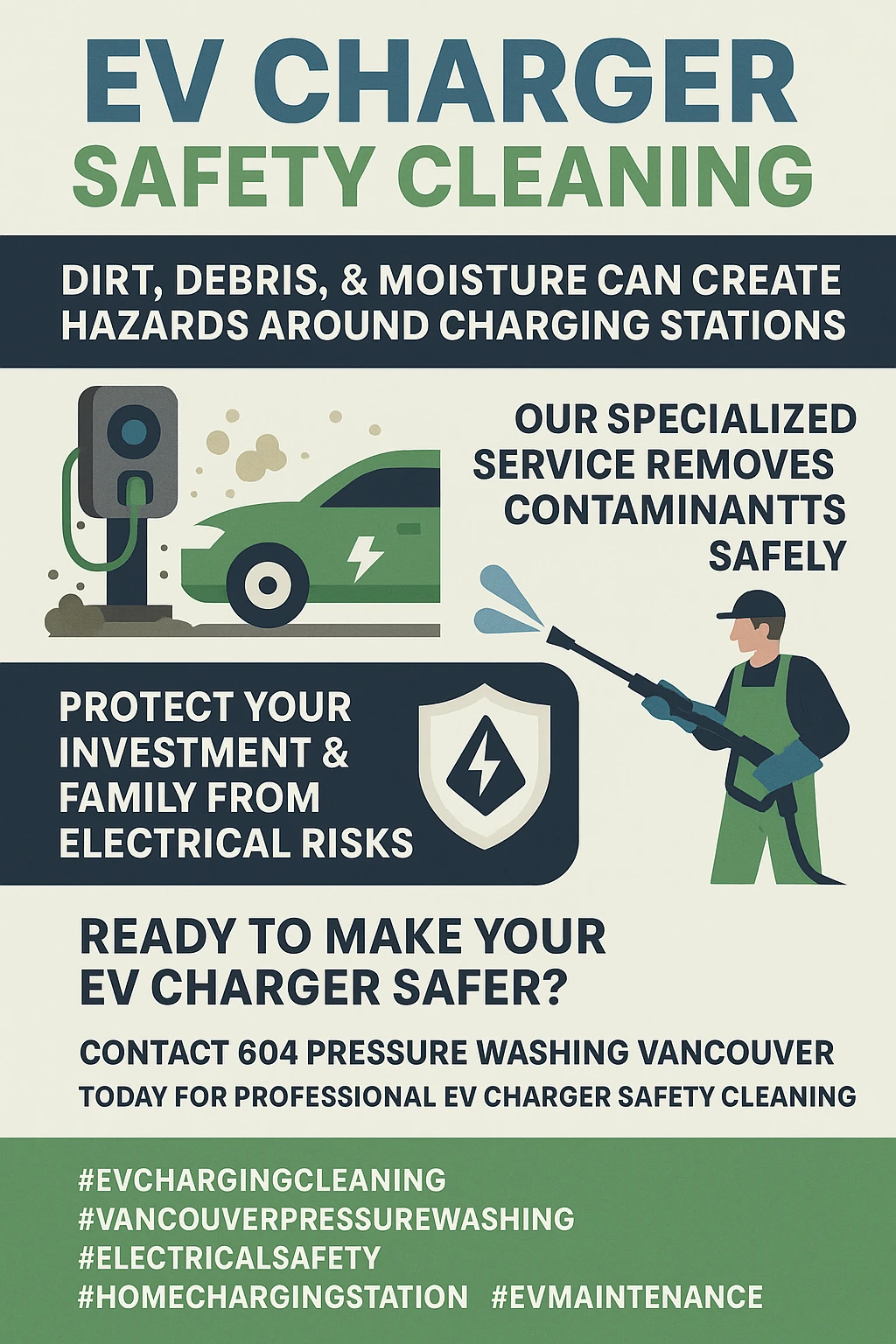 Infographic highlighting key takeaways for EV charging station cleaning and safety in Vancouver.