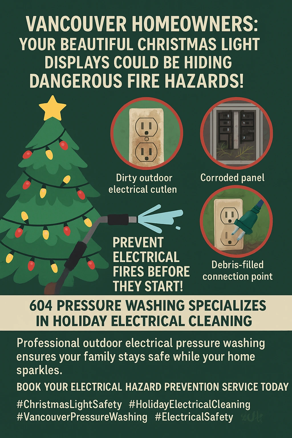 Infographic on pressure washing and electrical safety for holiday lights in Vancouver.
