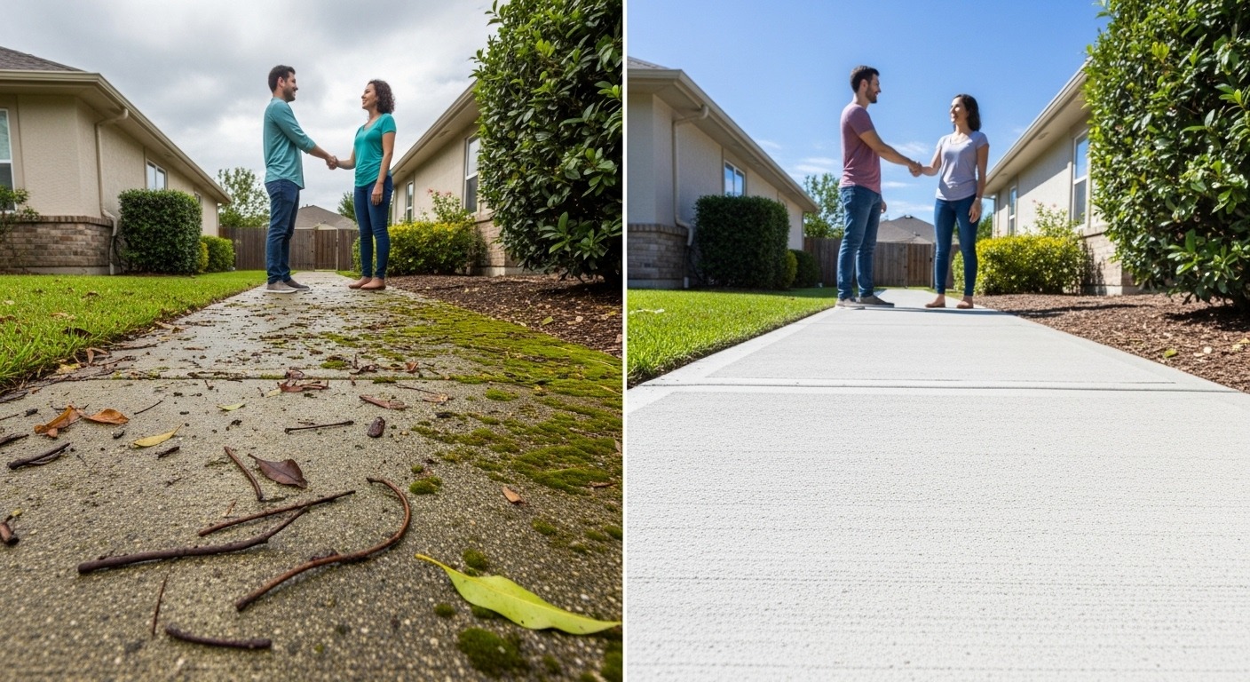 A clean, freshly pressure-washed driveway resolving a potential neighbor conflict.