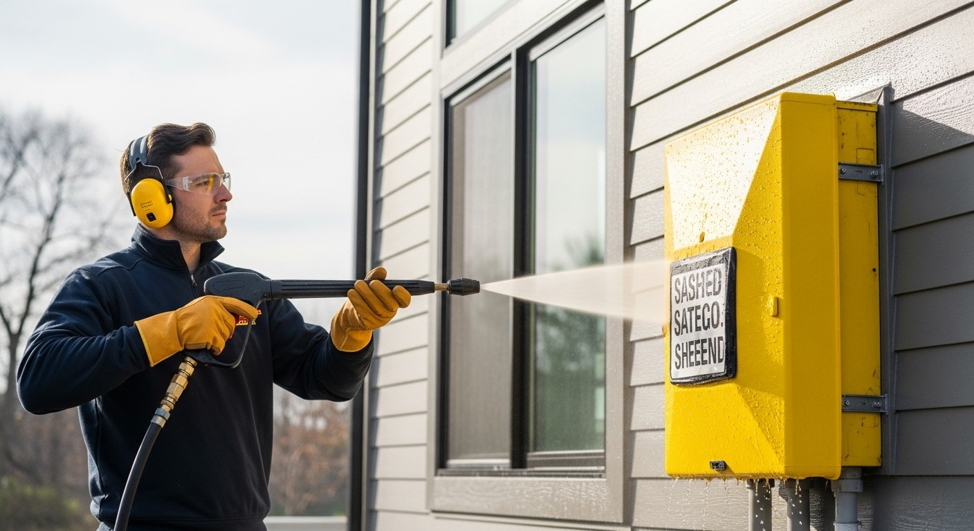 Professional technician safely pressure washing near electrical components.