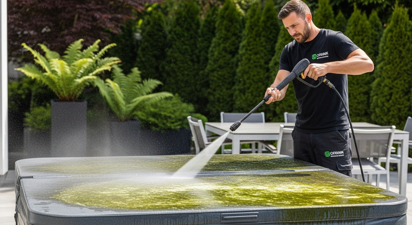 Professional pressure washing a hot tub cover in Vancouver