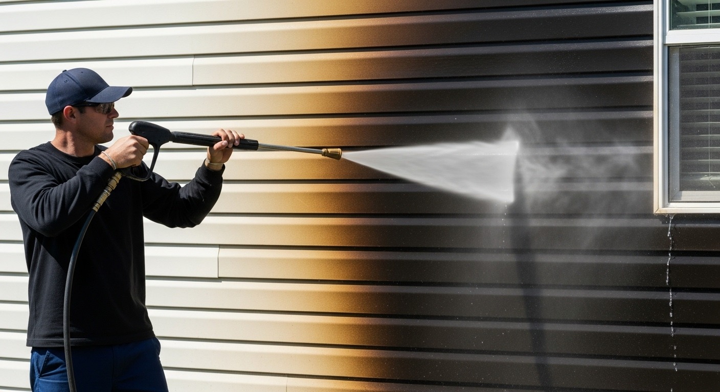 Professional pressure washing a home to remove wildfire smoke damage