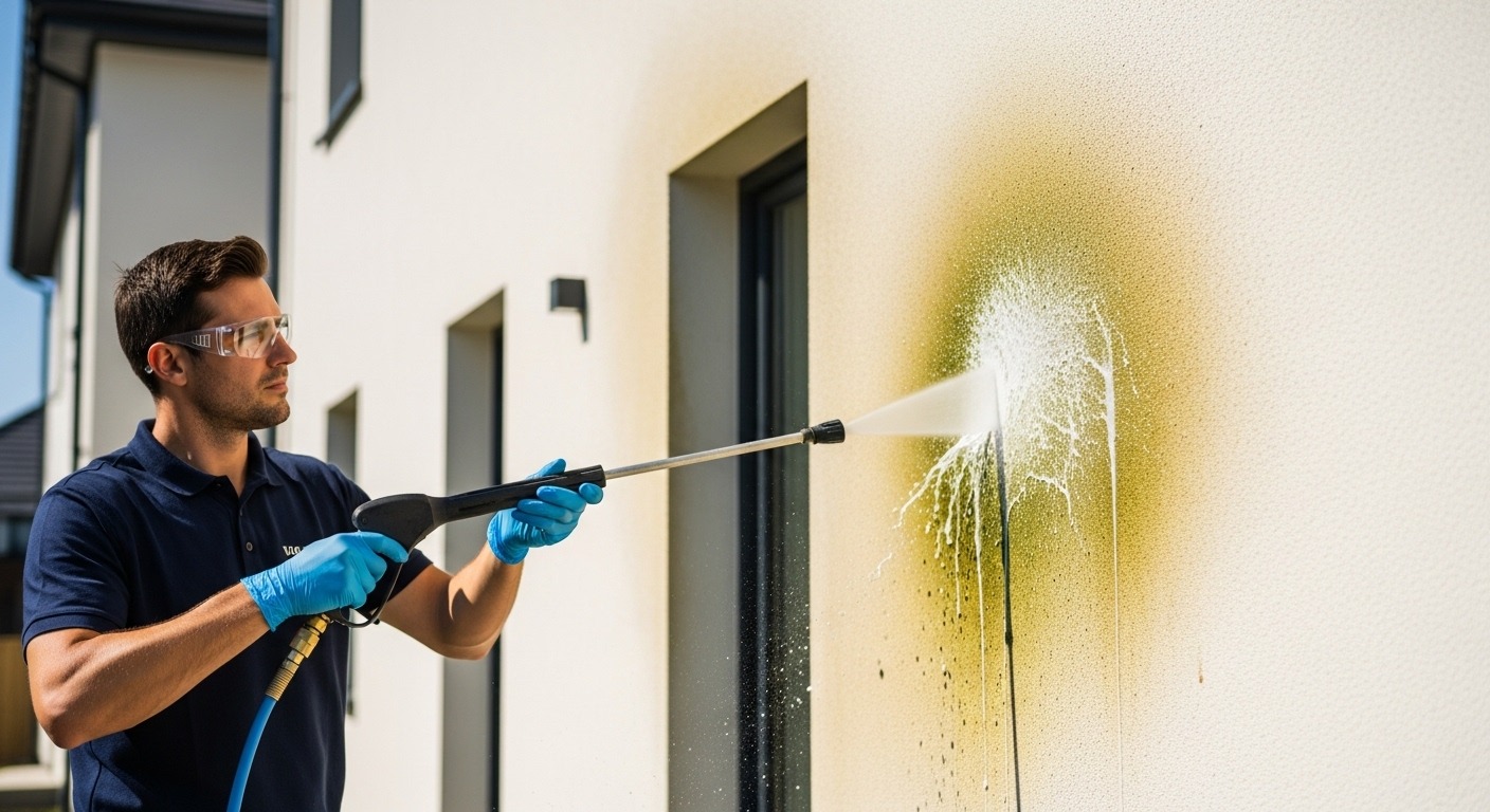 A pressure washing technician professionally soft washing the exterior of a multi-story Vancouver strata building.