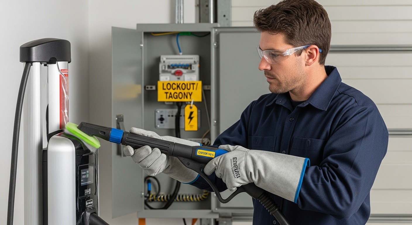 Professional technician in safety gear carefully cleaning an EV charging station.