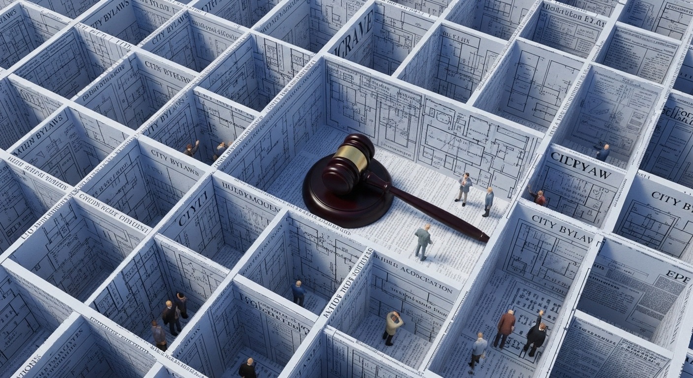 A judge's gavel on a background of legal documents, representing the legal maze of property maintenance.