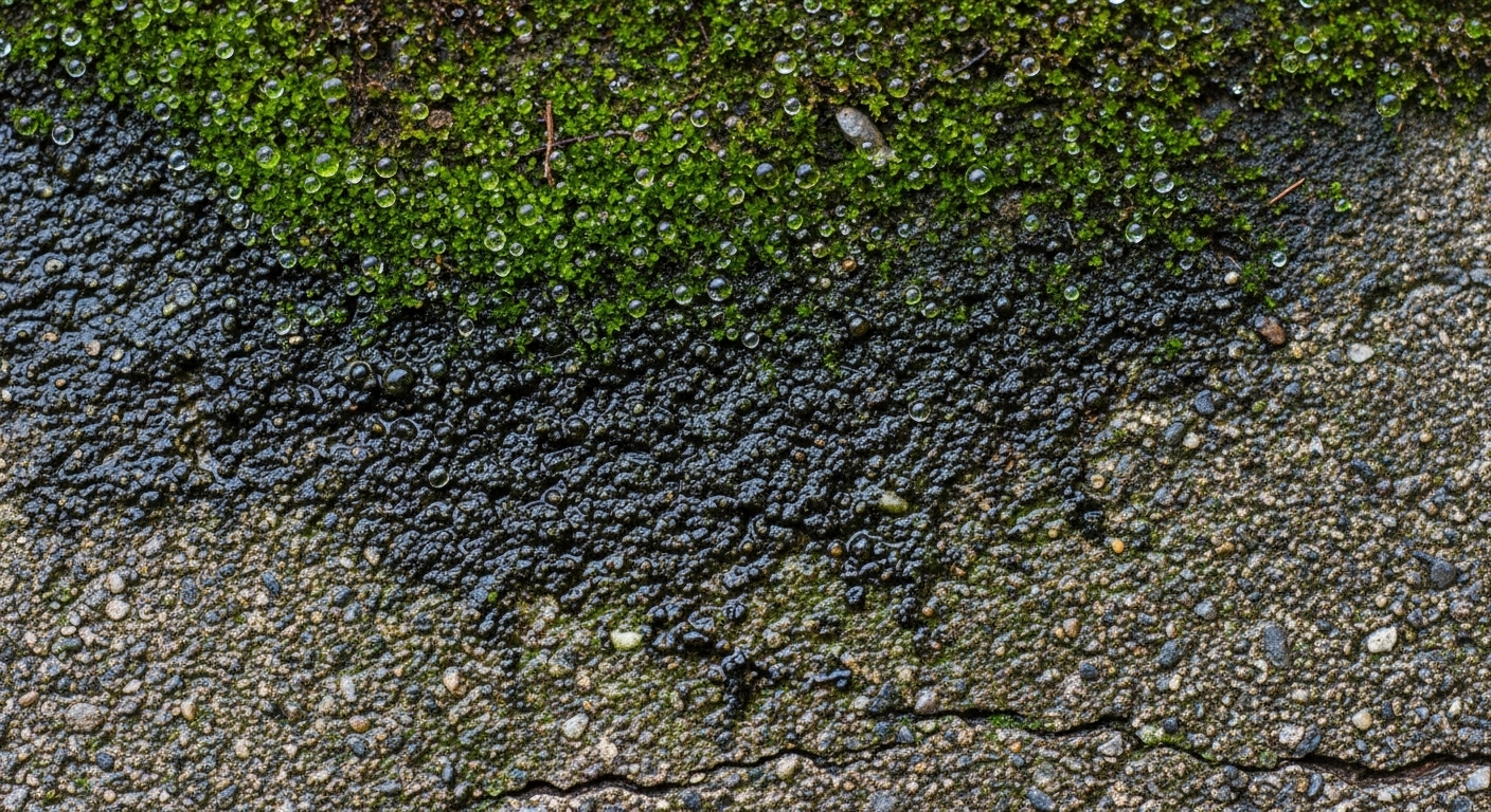 Close-up of slippery green moss and algae on a wet Vancouver sidewalk